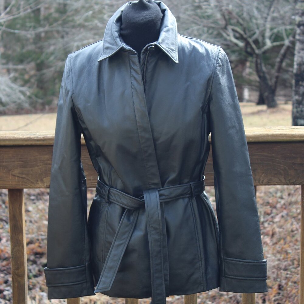 LEATHER COAT Trench style with Zipper and Wrap Belt women's M